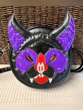Love Pain and Stitches Pumpkin Kult Collection Vampire Bat Face Crossbody Purse